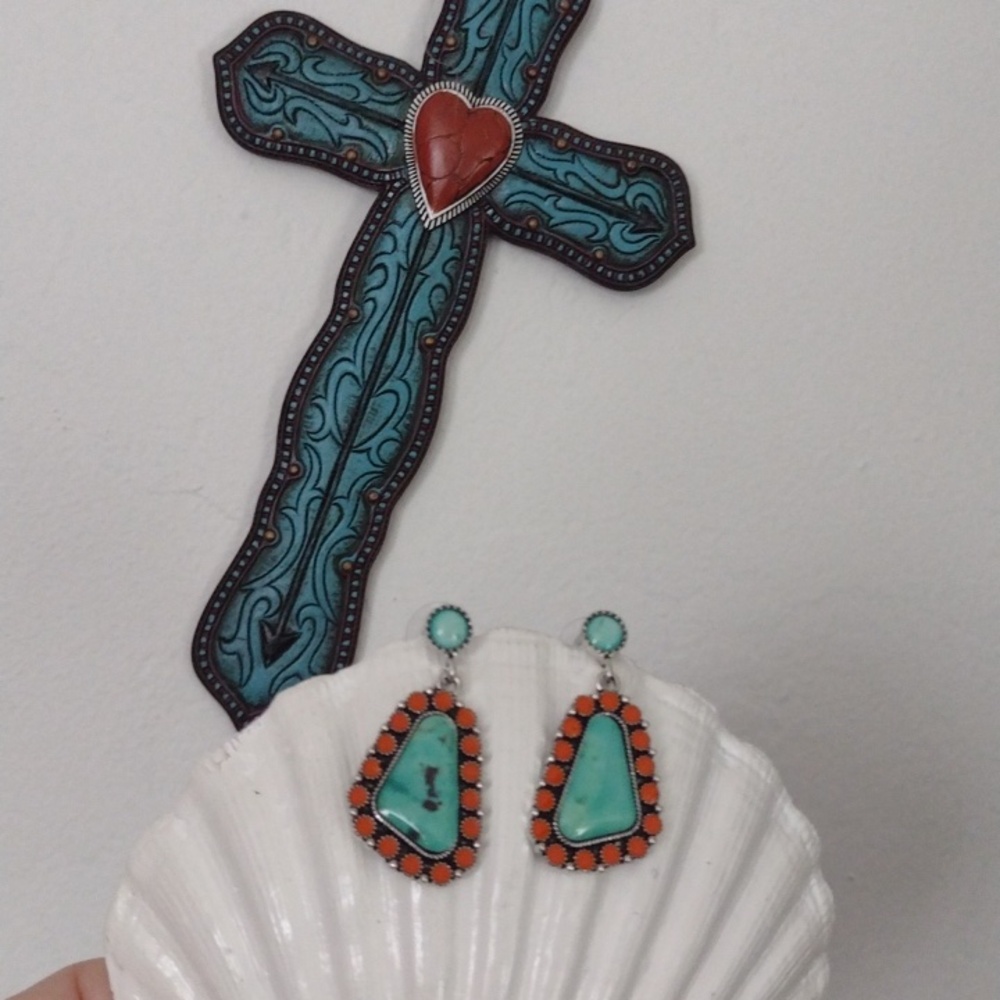 Turquoise and Coral Faux Stone Gorgeous Drop Earrings - Picture 6 of 8